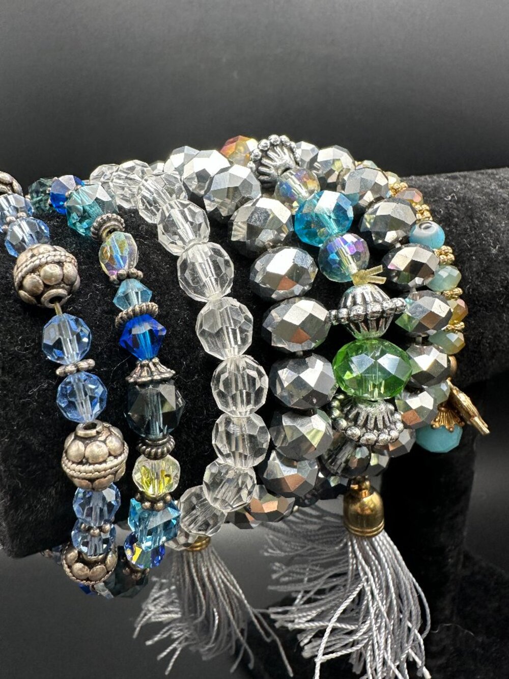 Lot of 7 Beaded Crystal Bracelets Boho Glam Stack Tassel Evil Eye Stretch